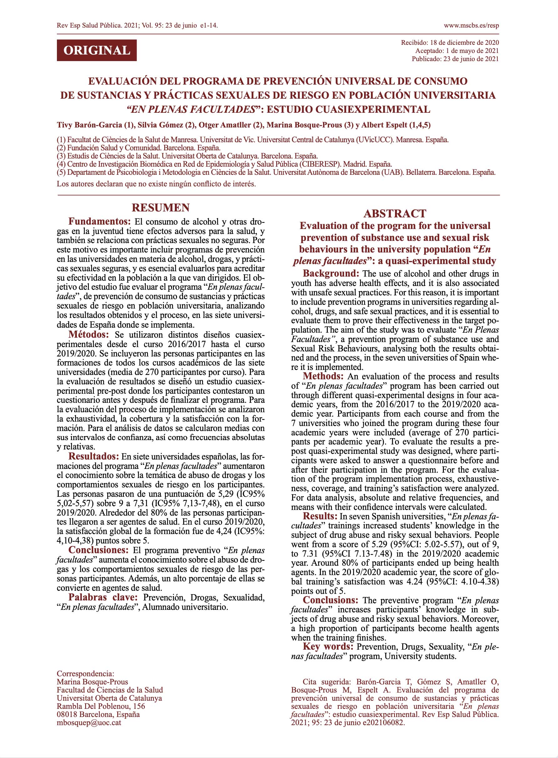 articulo-EPF Evaluación del programa de prevención universal de consumo de sustancias y prácticas sexuales de riesgo en población universitaria “En Plenas Facultades”: estudio cuasiexperimental